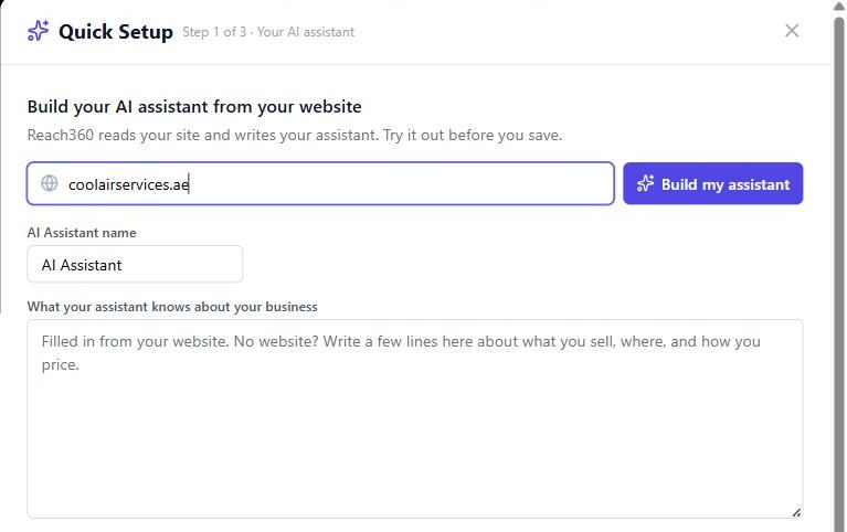 Reach360 Quick Setup, step 1 of 3: enter your website address to build your AI assistant, with the assistant name, business summary and greeting fields below